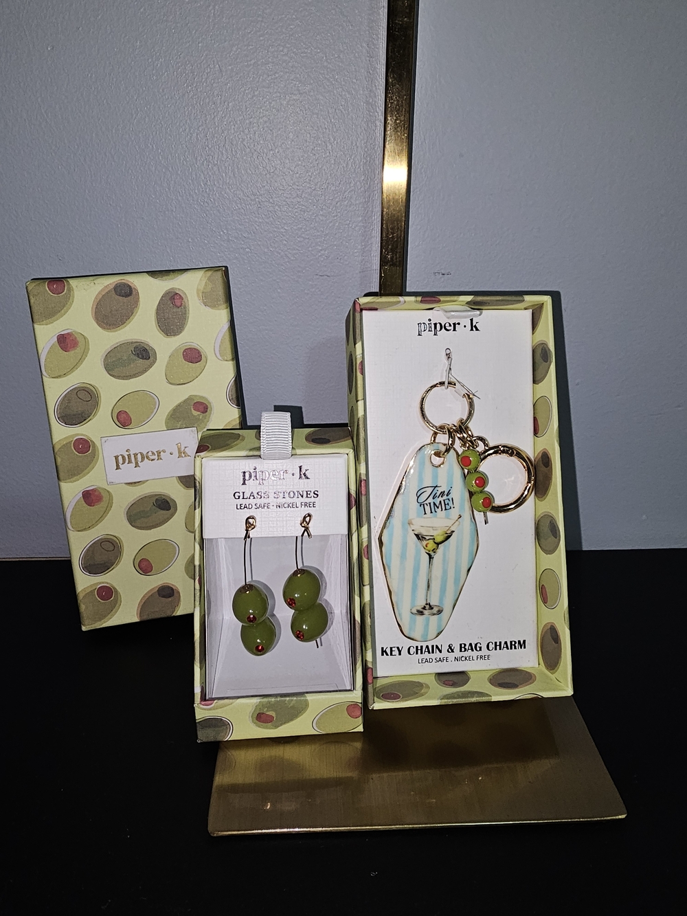 Piper K Olive Green Glass Stone Earrings with Olive-Themed Key Chain